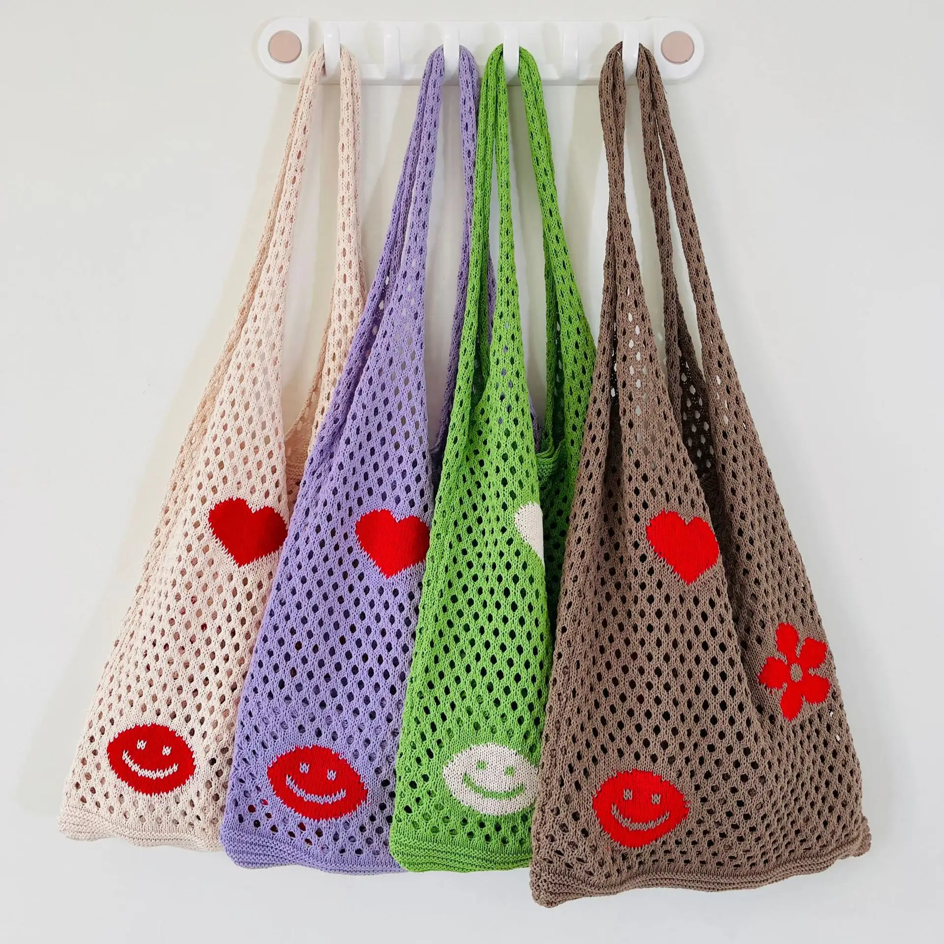 한국어 디자이너 Boho 메쉬 그물 귀여운 꽃 뜨개질 토트 모직 가방 여름 자카드 아크릴 여행 쇼핑 크로 셰 뜨개질 어깨 가방