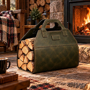 Sac de transport pour bois de chauffage en cuir véritable et bois, personnalisé en usine, robuste, pour foyer, LWC-0007 - Product Image 1
