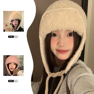 Gorro de esquí cálido a prueba de viento para mujer, gorro con orejeras forrado de lana gruesa, color beige y rosa para otoño e invierno - Product Image 1