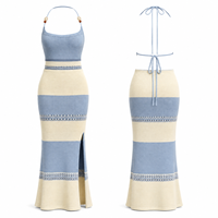 Robe longue d'été moulante en tricot rayé style bohème pour femme, avec dos nu perlé, blocs de couleur contrastants et fente latérale