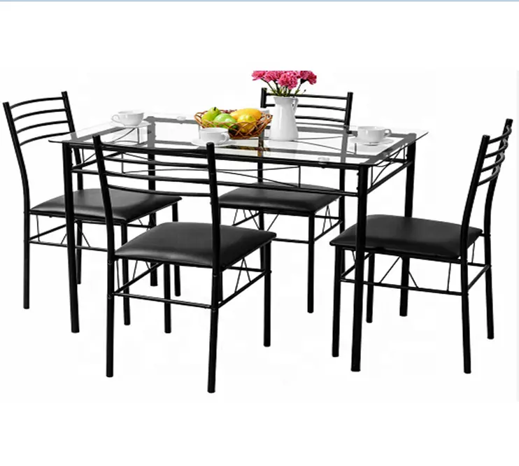 Conjunto de mesa de jantar, conjunto de 5 peças de mesa de jantar com vidro temperado, 4 cadeiras, sala de jantar, conjunto de mesa de estar moderno DS-610