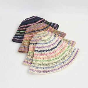 Summer Straw Braid Women New Color Striped <b>Sunscreen</b> Straw Bucket Hat Seaside Holiday Sun Crochet Paper Straw Bucket Hat - Product Image 1