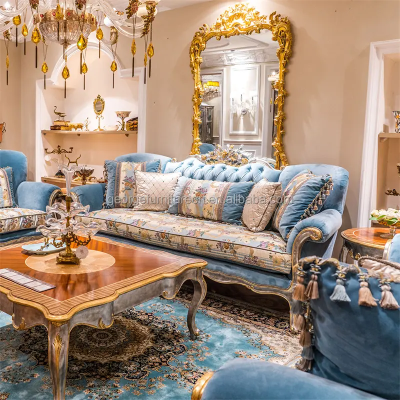 four seat luxury tufted European style villa sofa set,antique wooden sofa set furniture,high quality living room leather sofa