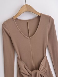 Women's Solid-Color Waist-<b>Tie</b> V-Neck Long-Sleeve Fitted Jumpsuit Fashion - Product Image 6