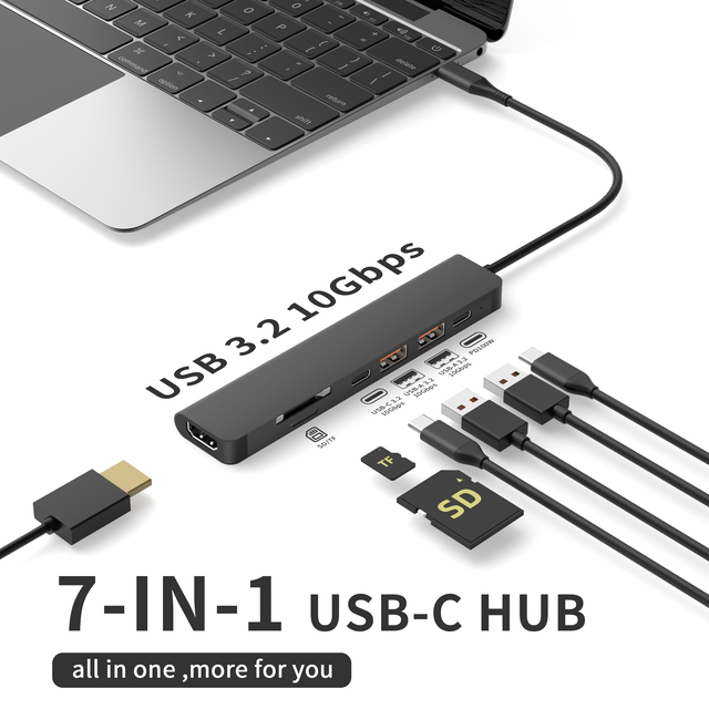 USB-C 7-in-1 Hub 10Gbps Dock with 4K60Hz HDTV PD 100W Dual USB-A USB-C Data SD TF Card Reader USB C Docking Station