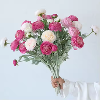 Grosir karangan bunga pernikahan berkelompok batang 3 kepala teratai Ranunculus bunga palsu bunga Peony bunga buatan
