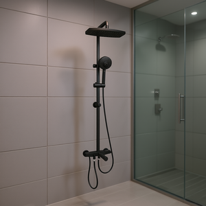 Ensemble de douche noir mat avec double pommeau de pluie, barre coulissante réglable et douchette à main – Accessoires de salle de bain - Product Image 2