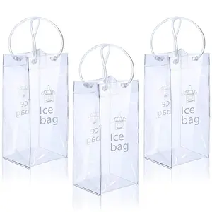 Venta al por mayor de logotipo personalizado reutilizable transparente PVC champán portador de botellas de vino bolsa de plástico de hielo transparente con asa