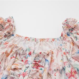 Haut court personnalisé pour femme à volants imprimé fleuri à manches courtes hauts à épaules dénudées - Product Image 4