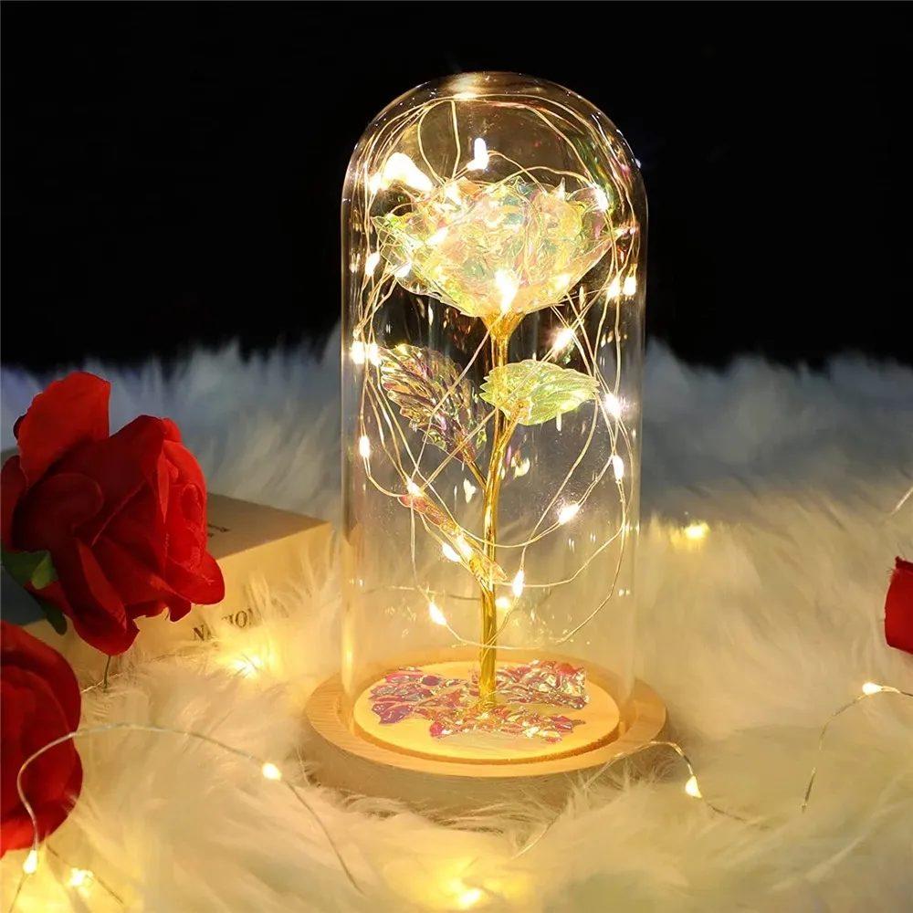 Beauty and The Beast Rose Galaxy Artificial Forever Love Rose with LED Light in Glass Dome Birthday Gift for Girlfriend Mother