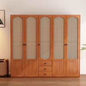 Armario de Madera Maciza Estilo Japonés con Ratán, Color Madera de Cerezo, Estilo Nórdico Retro, Puerta con Bisagras, Gran Capacidad, Almacenamiento para Dormitorio - Product Image 1