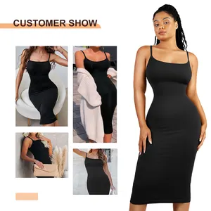 Hexin Nieuw Design Elegante Casual Zwarte Bodycon Jurk 2023 Naadloze Maxi Midi Vormgeven Jurk Gebouwd In Shapewear Jurken Vrouwen