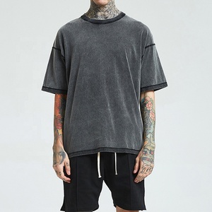 Thời Trang Đá Rửa Vai Thả Gân Crewneck Đen Trống T Áo Sơ Mi Với Tùy Chỉnh Dệt Nhãn - Product Image 1