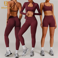 Ensemble Sportif Femme 4 Pièces Sans Couture Legging Personnalisable avec Logo Fermeture Éclair Survêtement Yoga Grande Taille Veste Top Slim Fit Course Fitness pour Femmes