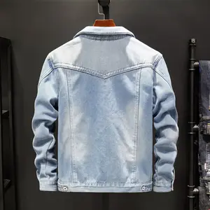 O inverno veste casaco denim grosso jaqueta jeans masculina logotipo personalizado vintage tecido denim jaqueta motocicleta malha gola alta