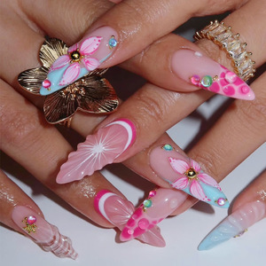 <span class=keywords><strong>Uñas</strong></span> Acrílicas Francesas <span class=keywords><strong>con</strong></span> Forma de Almendra, Diseño Pre-pintado <span class=keywords><strong>con</strong></span> Flores <span class=keywords><strong>3D</strong></span> y Perlas para Uso en Dedos - Product Image 2