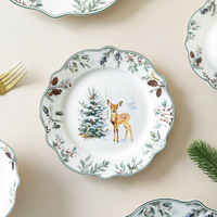 Service de table en céramique style rétro français, motif bonhomme de neige de Noël, assiette festonnée, tasse à café et soucoupe, style Ins, pour les fêtes