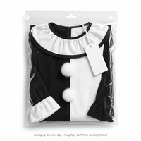 Vestido para Mujer, Color Negro y Blanco, Cuello con Volantes, Manga Abullonada con Pompones, Disfraz de Halloween para Fiesta