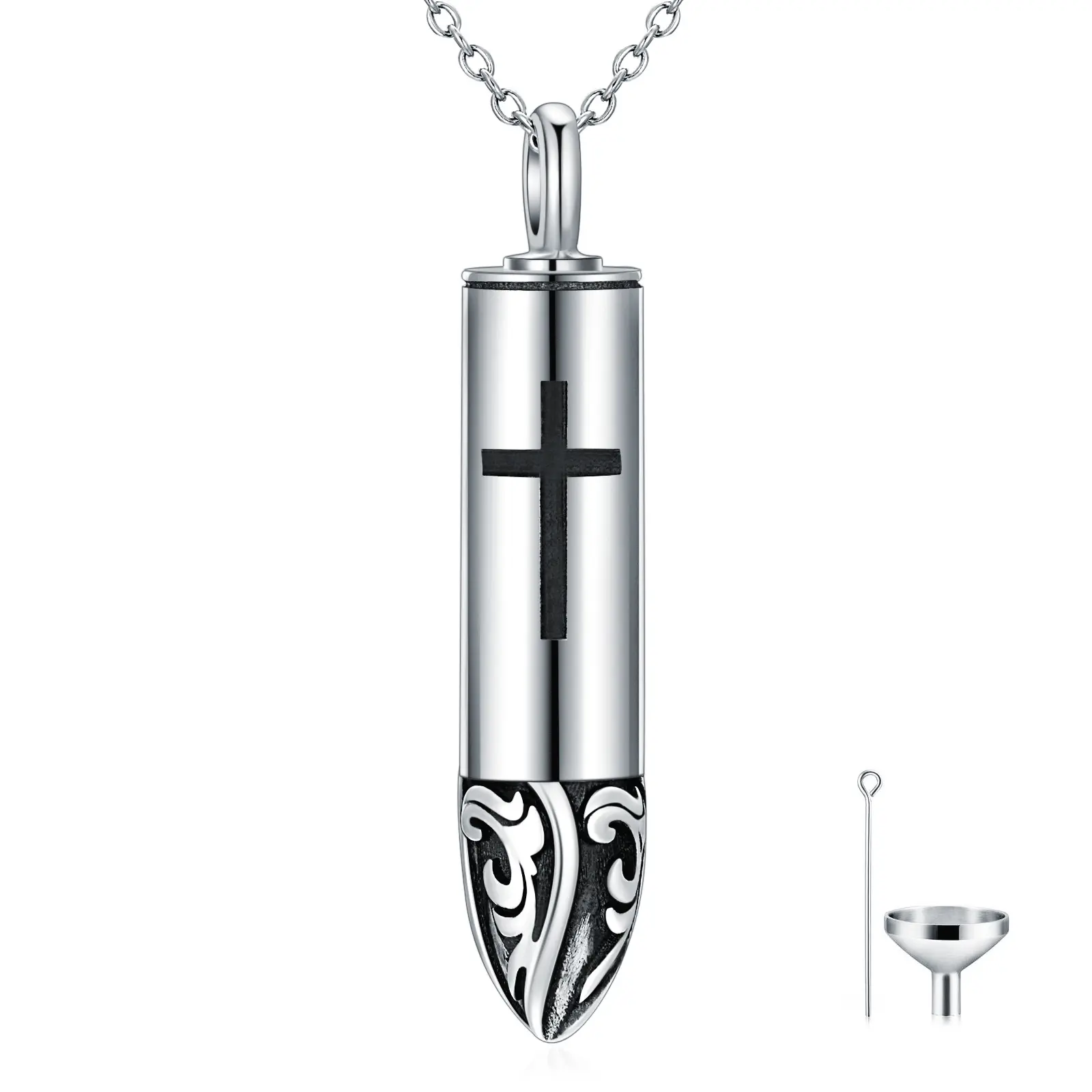 Wholesale Custom Personalized Bullet Urn Cross Oxidation 925 Sterling Sliver Necklace Pendant Man Necklace For Men