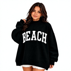 Cheap Price Women's <b>Black</b> Color Oversized Long Sleeve Mock Neck <b>Sweatshirt</b> With Customized White Beach Letter Printing - Product Image 1