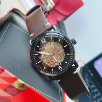 Montre automatique mécanique à remontage manuel pour homme, squelette marron avec index lumineux