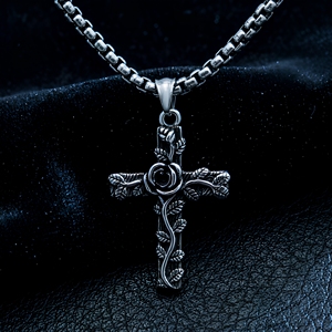 Yunnique Rose Relief <b>Cross</b> Pendant Necklace Stainless Steel Vintage Link <b>Chain</b> Unisex Fashion Jewelry - Product Image 1
