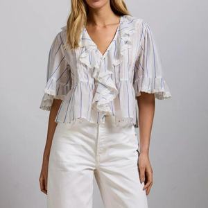 Nouvelle Blouse Décontractée Ample à Rayures Bleues et Col en V à Volants pour Femme – Qualité Supérieure - Product Image 1