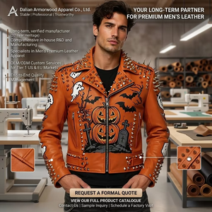 Chaqueta de Cuero Genuino para Hombre, Estilo Motero, Color <span class=keywords><strong>Rojo</strong></span>, Cuero Vacuno de Grano Completo, con Tachuelas, Parches, Apliques y Bordados, Estilo Punk Rock, Fabricación OEM - Product Image 6