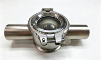 Vanne sphérique sanitaire à 4 voies avec jauge de niveau en verre borosilicaté et acier inoxydable SS316L pour les applications alimentaires, pharmaceutiques et laitieres