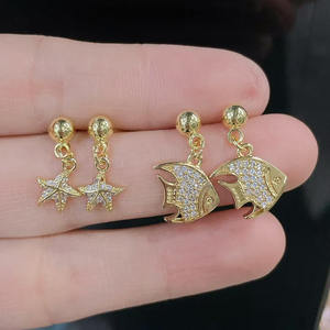 EC2065 moda 18k placcato oro CZ pavé pesce vongole conchiglia mare Marine Rugby calcio ciondolo orecchini a bottone - Product Image 4