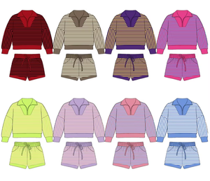 Ensemble 2 pièces pour filles, sweat-shirt à manches longues rayé avec col zippé et short, tenue décontractée pour enfants - Product Image 3