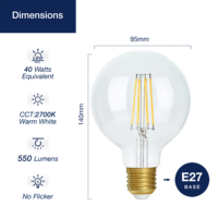 Ampoule LED décorative Edison à filament dimmable à économie d'énergie, blanc chaud 2700K, 5,5W, G95 E27 E26, verre transparent, pour café, hôtel