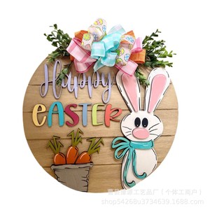 Letrero de madera para puerta de Pascua, redondo, con conejo y zanahoria grabados, decoración hecha a mano para el hogar en Pascua - Product Image 4
