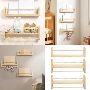 Wall Mounted Wooden Bookshelf For Kids Storage Rack With Hanging <b>Bar</b> Rectangle Shape 3 Tier <b>Shelf</b> For Books Toys And Personal - Product Image 4