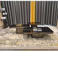 Ventes directes d'usine Carré En Acier Inoxydable Brossé 3 Ensembles Table Basse Salon De Luxe Avec Plateau En Verre Trempé Brun