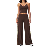 Ensemble de yoga 2 pièces uni pour femme, léger, respirant, anti-transpiration, avec crop top court et leggings taille haute élastiques en Spandex/Nylon pour la gym