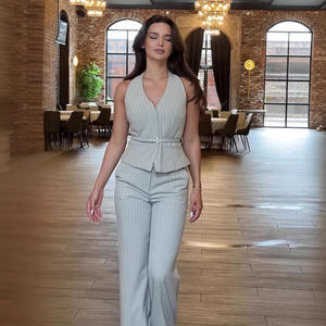 Costume pour femme Dos nu Col en V Deux boutons Gilet <span class=keywords><strong>Pantalon</strong></span> taille haute Costume de bureau pour femme Deux pièces avec ceintures - Product Image 3