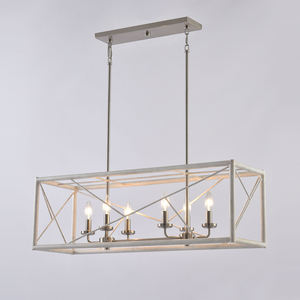 Lustre moderne de style farmhouse carré à 6 lumières linéaires E12 |   Luminaire suspendu blanc et nickel brossé pour îlot de cuisine et salle à manger - Product Image 4