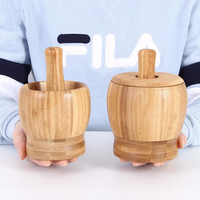 Mortier et pilon en bois avec couvercle, ensemble en bambou naturel, durable, pour la cuisine à domicile, épices, herbes, gingembre, poivre