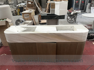 Meuble-lavabo haut de gamme en marbre blanc poli, lavabo double incurvé avec armoire en <span class=keywords><strong>bois</strong></span> massif pour salle de bain et spa - Product Image 2