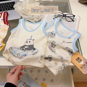 [Personalizzato] Set estivo per bambini in cotone a due pezzi, stile coreano, top per bambini e <span class=keywords><strong>bambine</strong></span>, abbigliamento da casa primavera/estate, senza maniche, con stampa a cartoni animati - Product Image 1