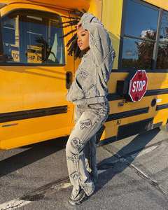 OEM Sportswear pantaloni della tuta Casual stampato <span class=keywords><strong>Denim</strong></span> Set donna due pezzi Trend Plus Size donna felpa con cappuccio e Jogger Set - Product Image 3