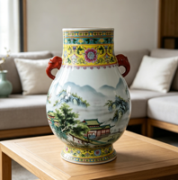 Urne décorative en porcelaine à motif paysage oriental, peinture chinoiserie pavillon montagne, vase en porcelaine avec oreilles d'éléphant