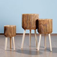 Ensemble de 3 Pots de fleurs verts, support de plantes avec jambes en bois pour décoration intérieure