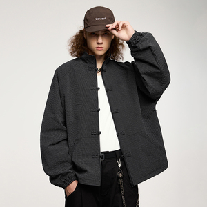 Veste décontractée pour homme QUICKSHOW, style néo-chinois, avec col montant, poche à carreaux et logo frontal, streetwear fin - Product Image 3