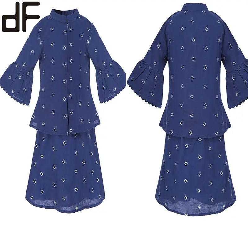 दिन देखो OEM अनुकूलित बच्चों Baju Kurung कपड़े नई डिजाइन मुस्लिम बच्चे को लड़की कपड़े नौसेना Jacquard बच्चों Baju Kurung