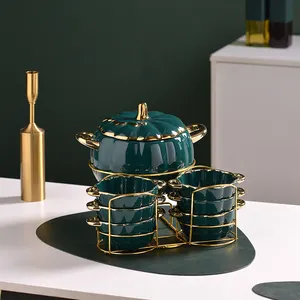 Посуда, керамические кастрюли для супа и миски, роскошный фарфоровый набор кастрюль для супа с подставкой