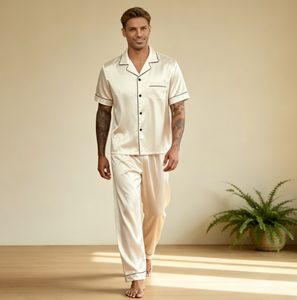 Pyjamas pour hommes en soie personnalisés à manches courtes, vêtements de nuit de luxe, faible MOQ, ensemble de pyjamas pour hommes, fabricant OEM de vêtements de nuit - Product Image 5
