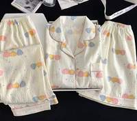 Pyjama en coton nuage pour femmes, 3 pièces, doux et confortable, haut à col dessin animé mignon + short + pantalon long, vêtements de nuit