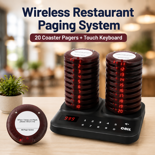 Wireless Restaurant Paging System with 20 Coaster Pagers and Touch Call Keyboard 433MHz Customer Calling System for Food Court